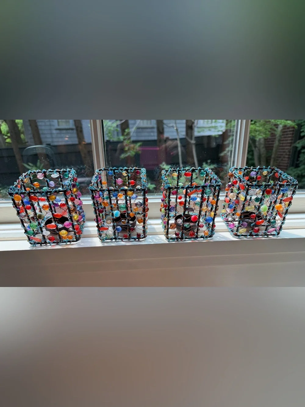 Bohemian EUC Set of 4 Handmade Multicolor Glass Beaded Candle Holders